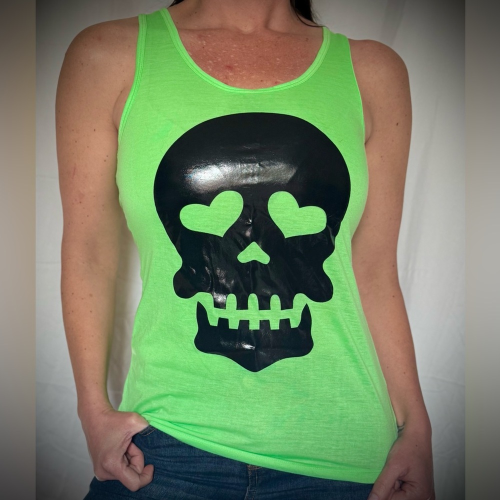 Legaci Neon Green Cutout Skull Back Tank Top With Black Skull Front